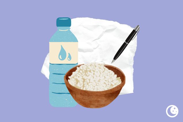 Ilustração de uma garrafa de água, um pote de arroz e um papel com caneta