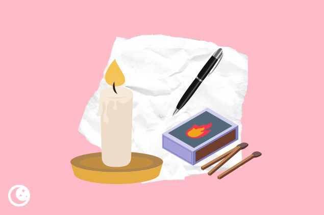 Ilustração de uma vela, um papel, caneta e uma caixa de fósforo