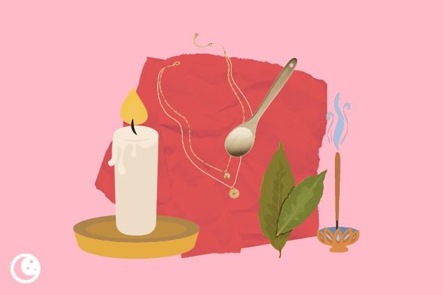 Ilustração de uma vela, uma colher, ervas e um incenso