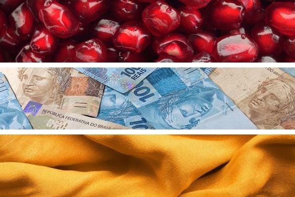Imagem em gride de sementes de romã, notas de dinheiro e tecido amarelo