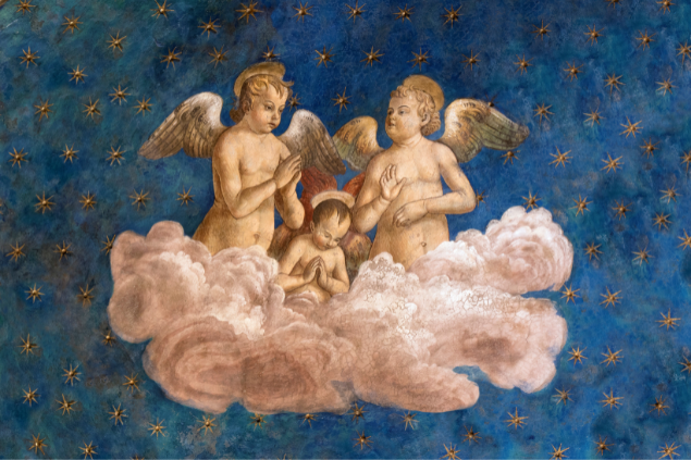 Desenho de três anjos sob uma nuvem